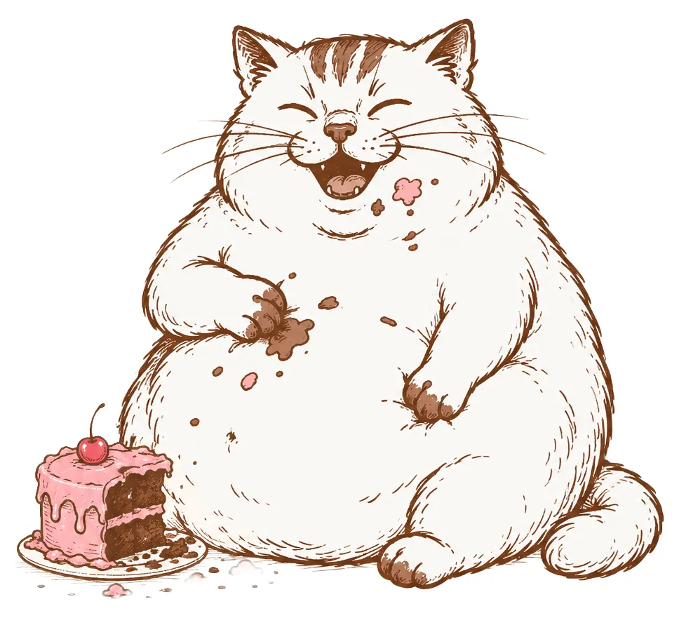 Fat, mascota de Mullenito, comiendo pastel