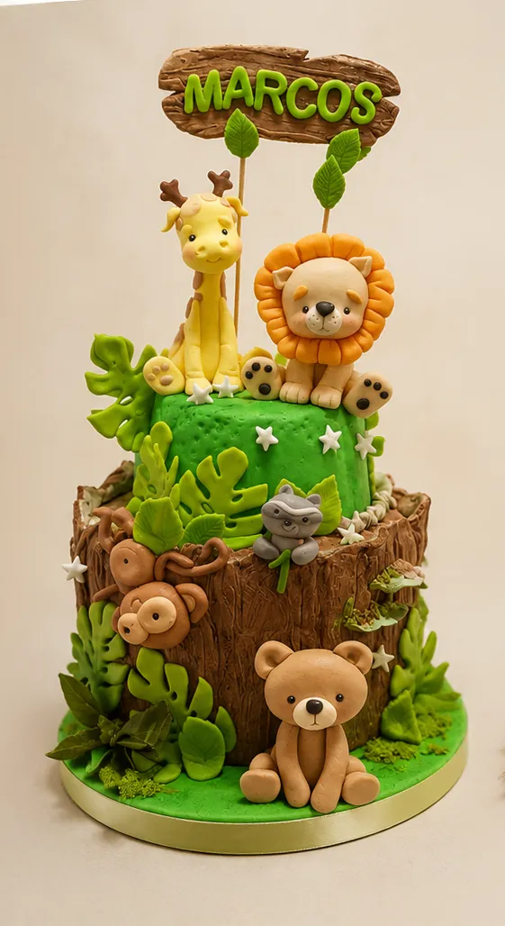 Tarta animalitas de la jungla, decorada con fondant